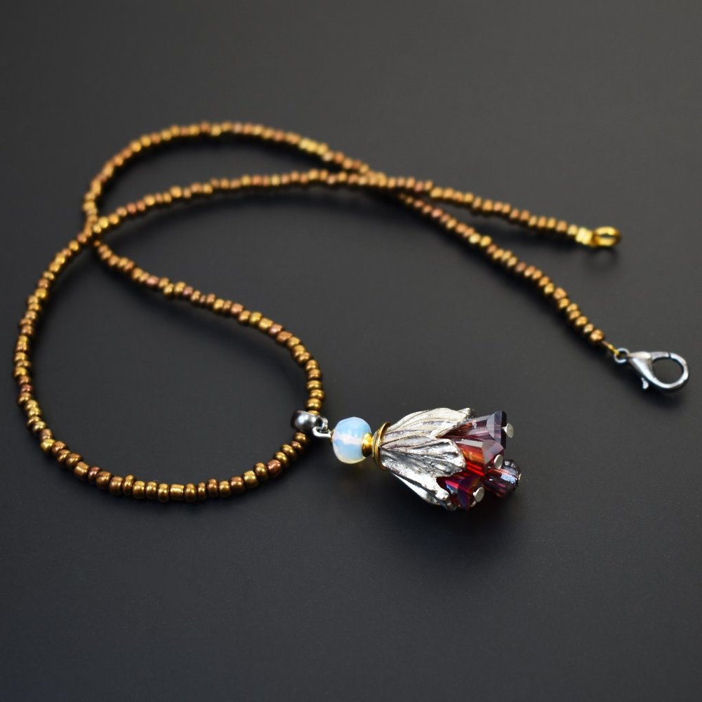 Flower bud pendant necklace, accent boho necklace for women
